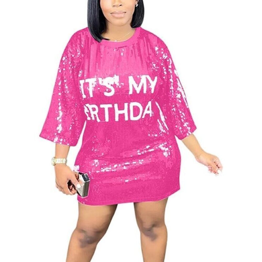 9748 Its My Birthday Dress Sequin Shirt Dress Glitter T Shirt Dress Crew